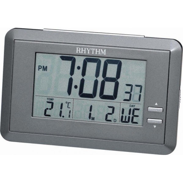 Rhythm LCD Clock 4Steps Beep Alarm,Calendar,Thermometer,12-24 Hour Selectable,Snooze,LED Light Metallic Gray Case 